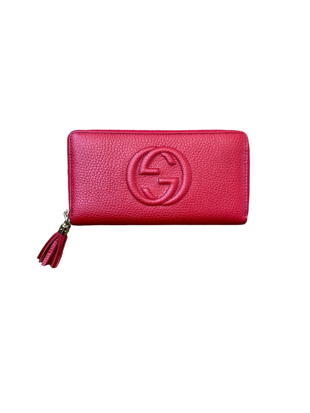 Gucci Soho Red Pebbled Leather Zip Around Continental Wallet Tassel NWOT